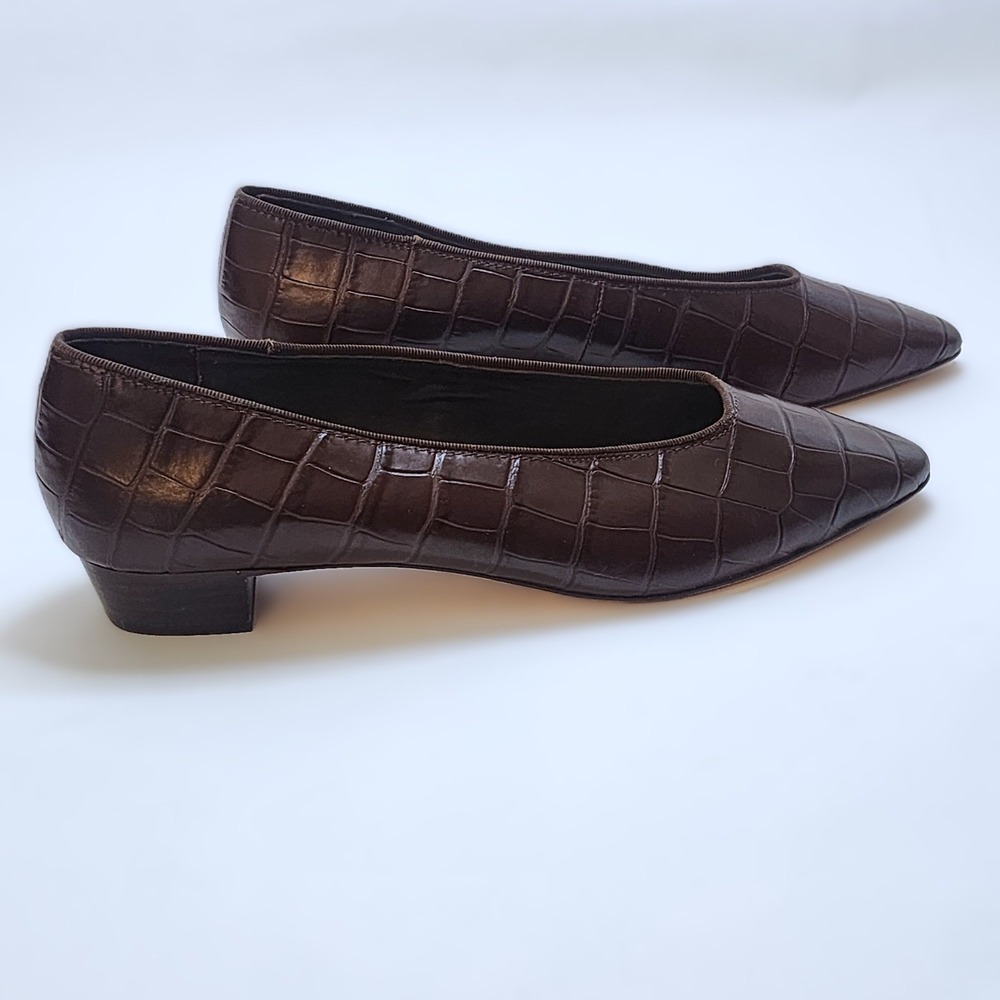 Loeffler Randall Dark Brown Croc-Embossed Pointed Toe Flats